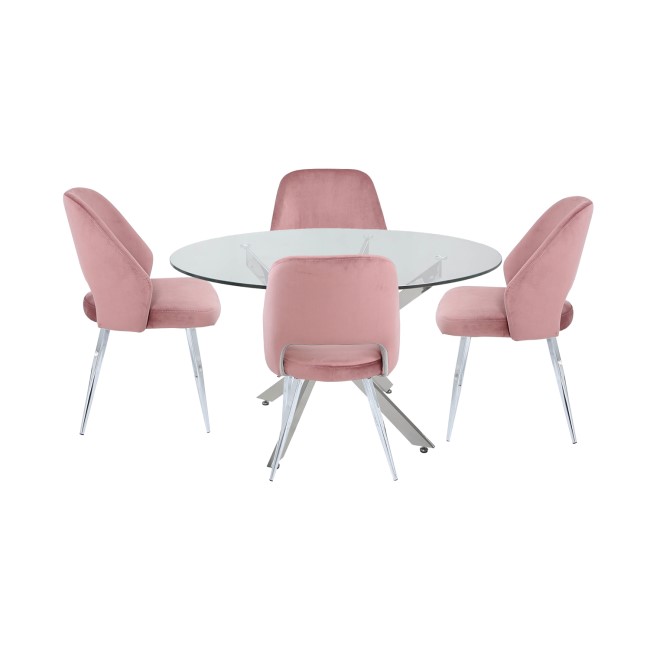 Round Glass Dining Table & 4 Pink Velvet Chairs - Aurora Boutique