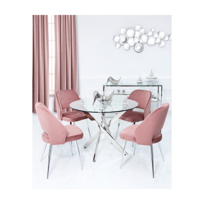 Round Glass Dining Table & 4 Pink Velvet Chairs - Aurora Boutique