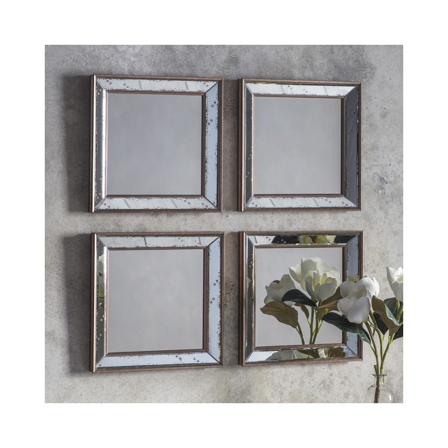 4 Square Mirrors with Distressed Mirrored Frames - Caspian House