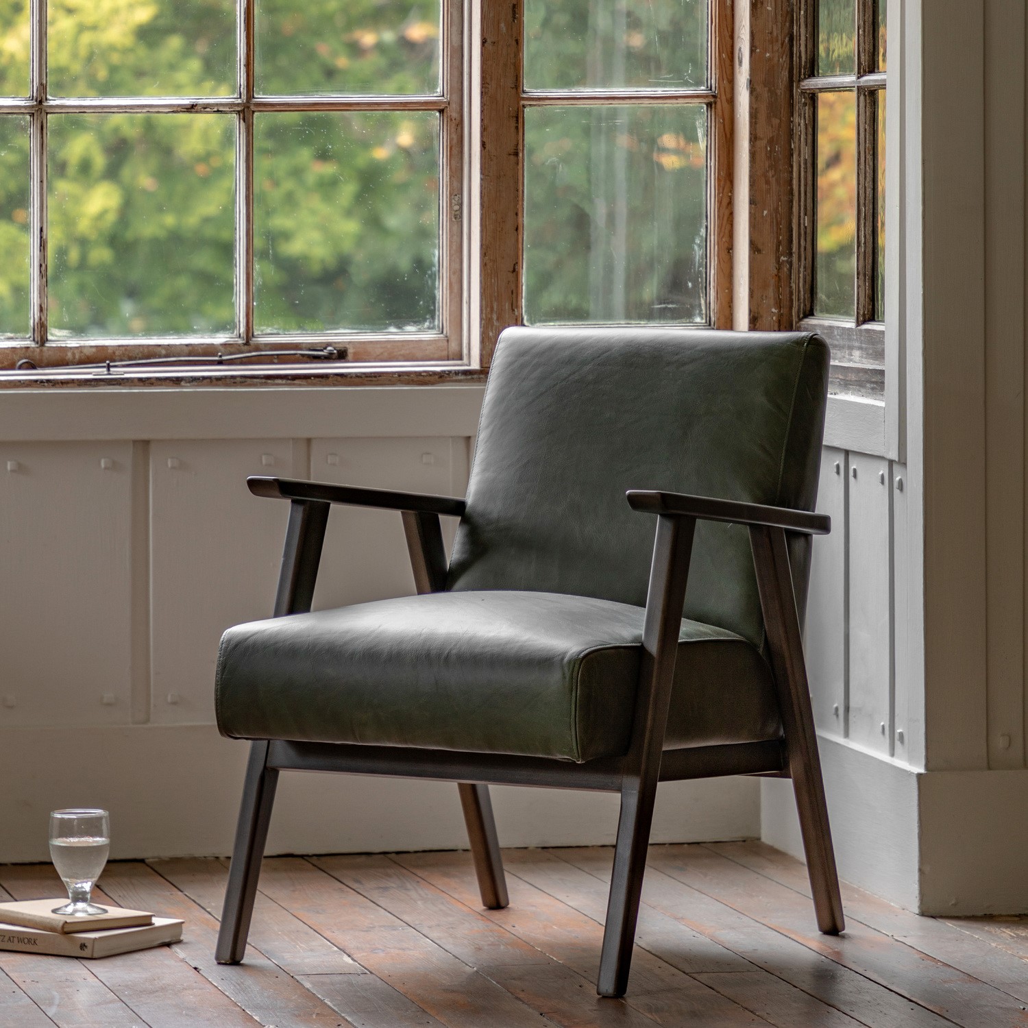 Leather Armchair In Green Dark Wood Frame Caspian House Furniture123