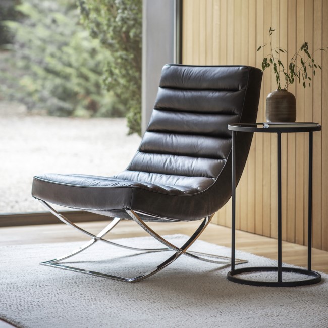 Lounge Chair in Black Leather & Metal Base - Caspian House