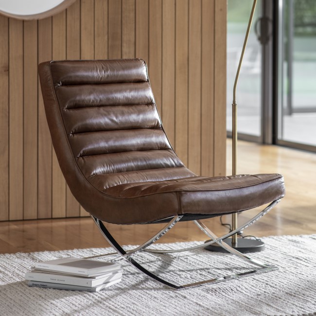 Lounge Chair in Brown Leather & Metal Base - Caspian House