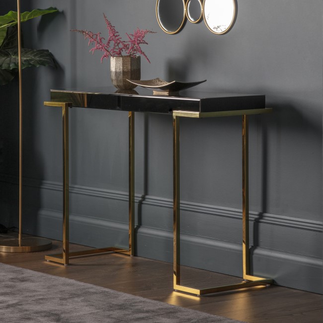 Black Mirrored Console with Gold Legs - Caspian House