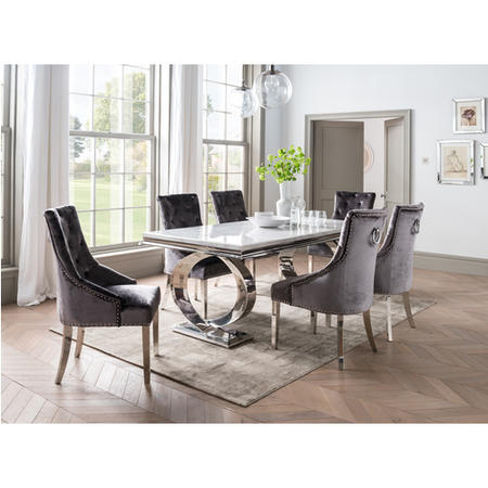 White Marble Dining Set with 6 Charcoal Grey Knockerback Dining Chairs - Selene