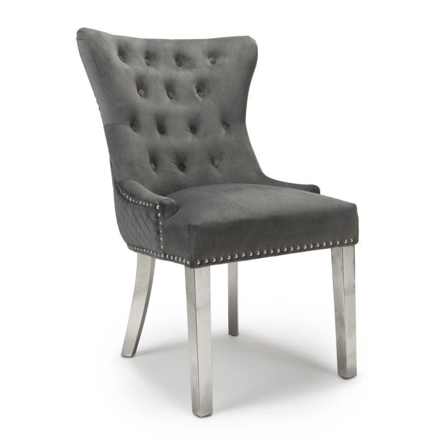 Pair of Dining Chairs in Grey Velvet with Metal Legs - Shankar