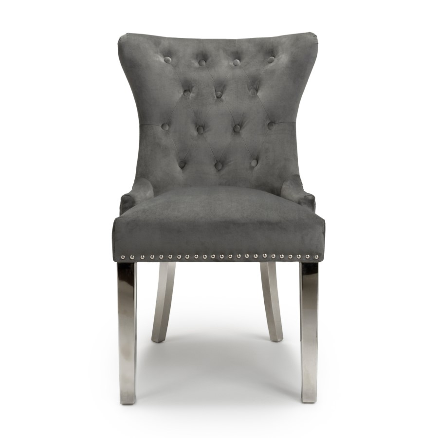Pair of Dining Chairs in Grey Velvet with Metal Legs - Shankar