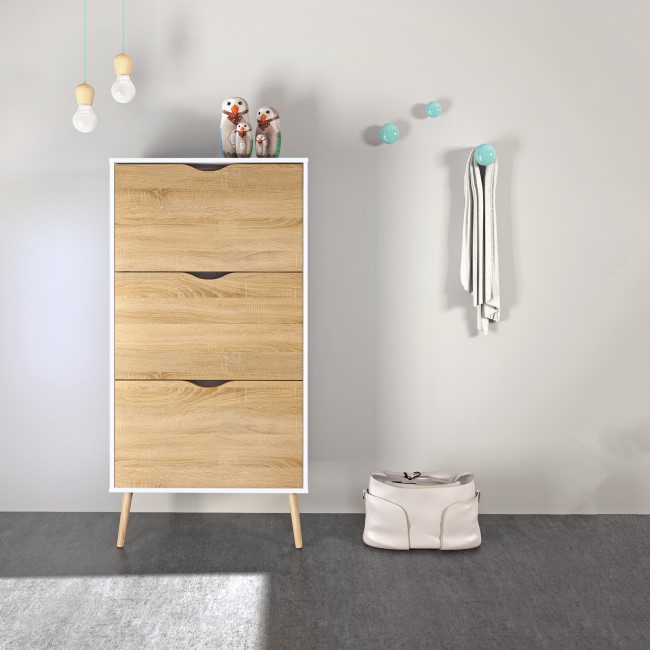 GRADE A1 - Oak & White Shoe Cabinet with 3 Drawers - Oslo