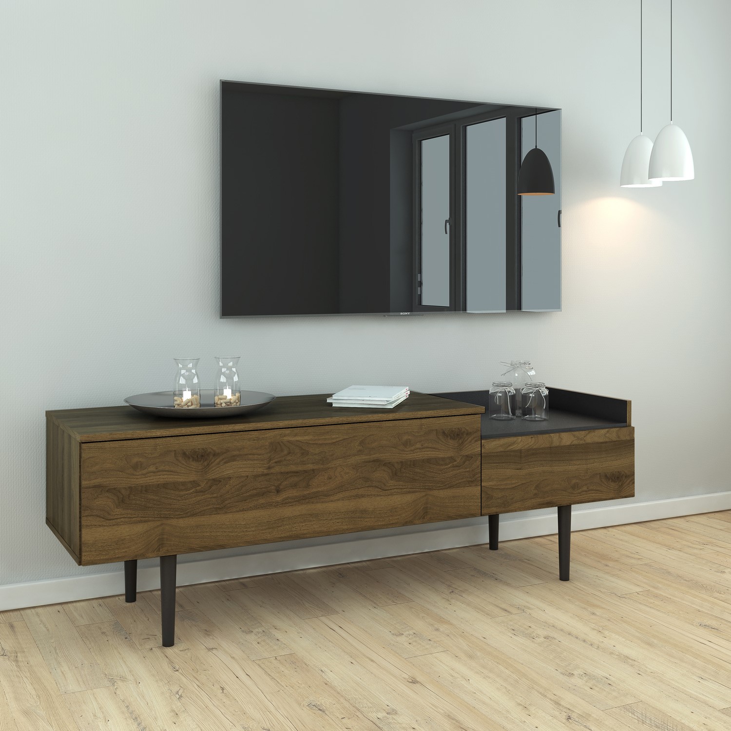 Unit TV Stand with 2 Drawers in Walnut and Black - Furniture123