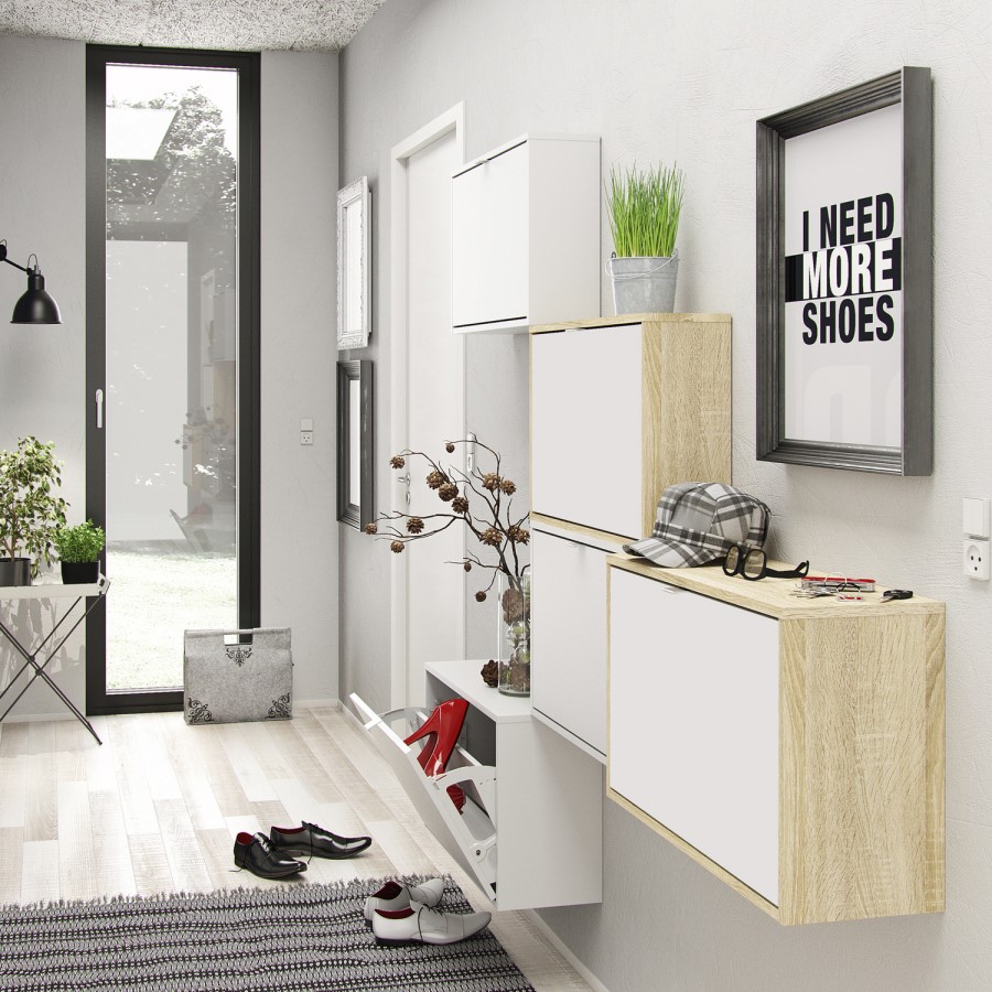 Slim White Wall Hung Shoe Cabinet -  3 Pairs