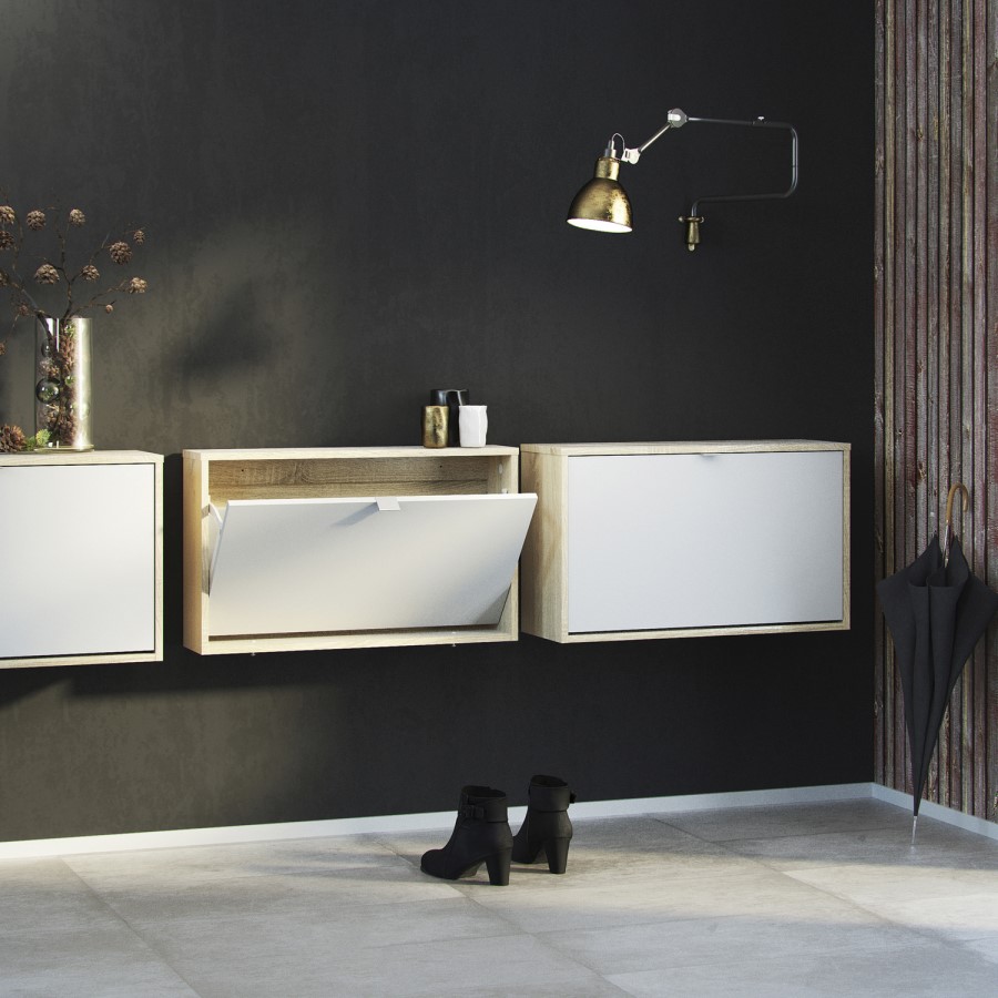 Slim White and Oak Shoe Cabinet - 3 Pairs