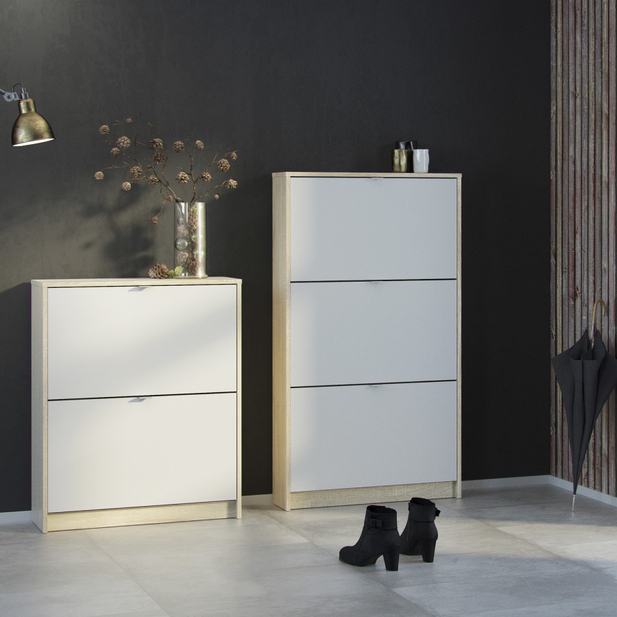 Slim White & Oak Shoe Cabinet - Wall Hung - 6 Pairs