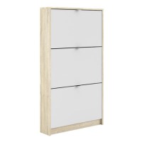 Slim White & Oak Coloured Shoe Cabinet with 3 Drawers & Tilting Doors
