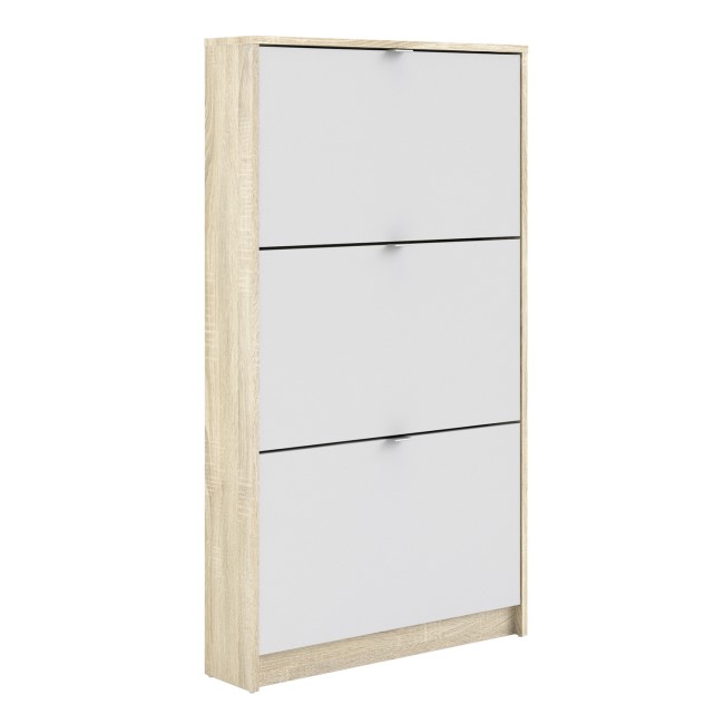 Slim White & Oak Coloured Shoe Cabinet with 3 Drawers & Tilting Doors