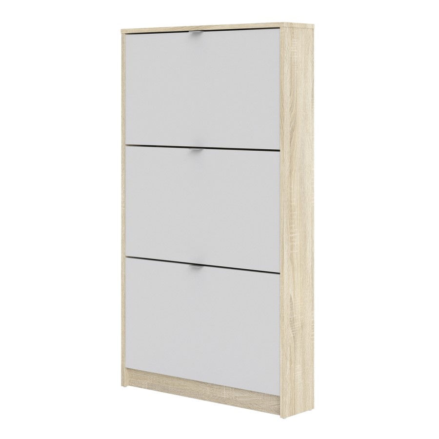 Slim White & Oak Coloured Shoe Cabinet with 3 Drawers & Tilting Doors