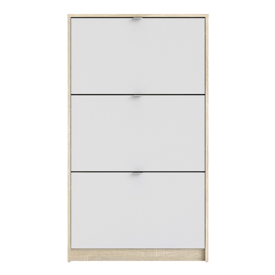 Slim White & Oak Coloured Shoe Cabinet with 3 Drawers & Tilting Doors