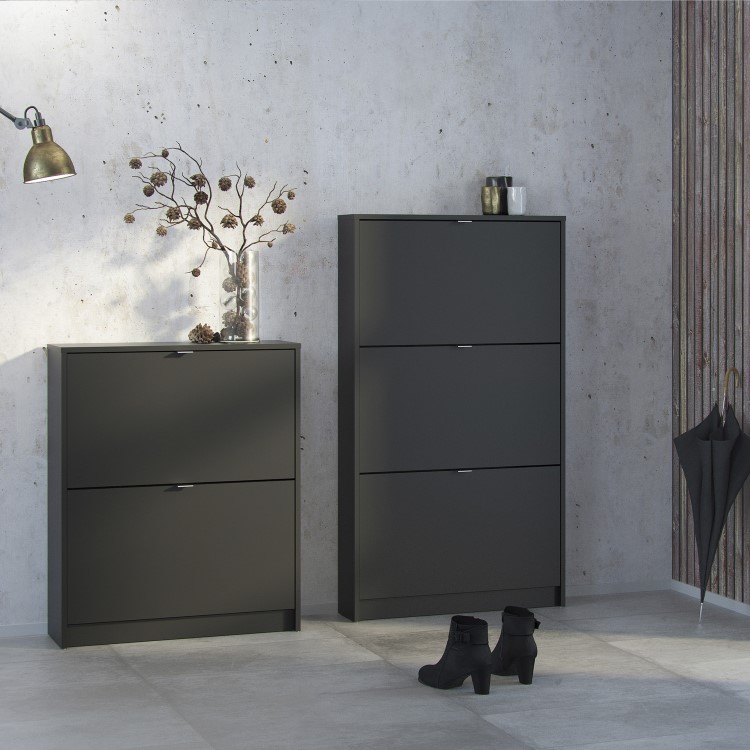 Slim Matt Black Wall Hung Shoe Cabinet with 3 Drawers - 9 Pairs