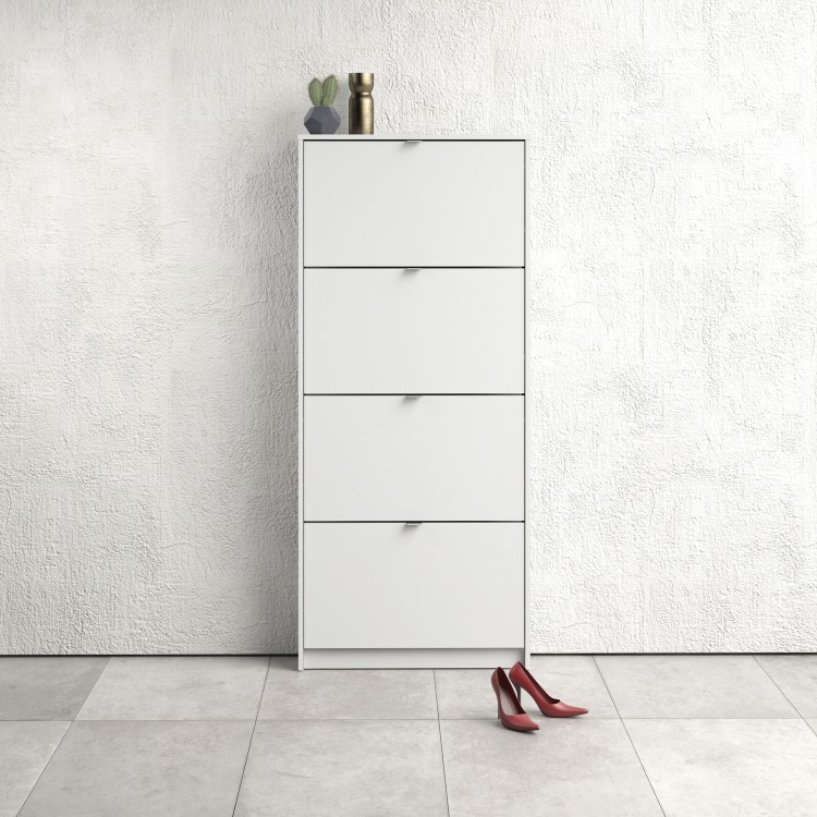 Slim White Wall Hung Shoe Cabinet with 4 Drawer -  12 Pairs