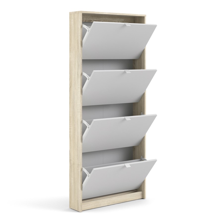 Slim White and Oak Wall Hung Shoe Cabinet with 4 Doors - 12 Pairs