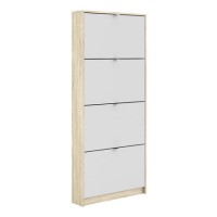 Slim White and Oak Wall Hung Shoe Cabinet with 4 Doors - 12 Pairs