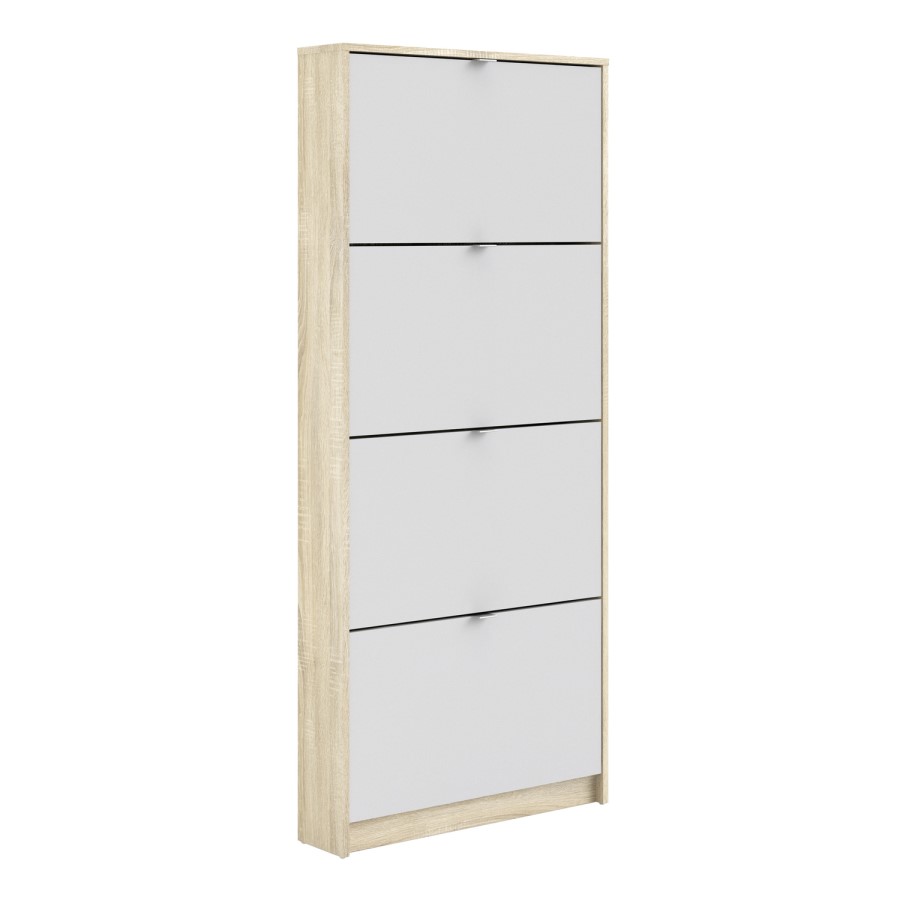 Slim White and Oak Wall Hung Shoe Cabinet with 4 Doors - 12 Pairs