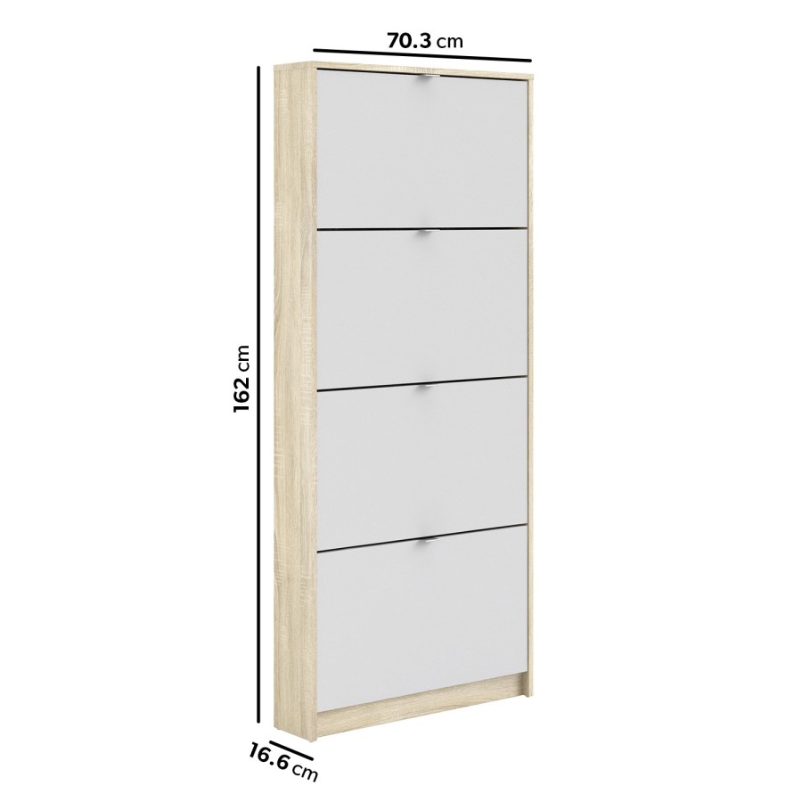 Slim White and Oak Wall Hung Shoe Cabinet with 4 Doors - 12 Pairs