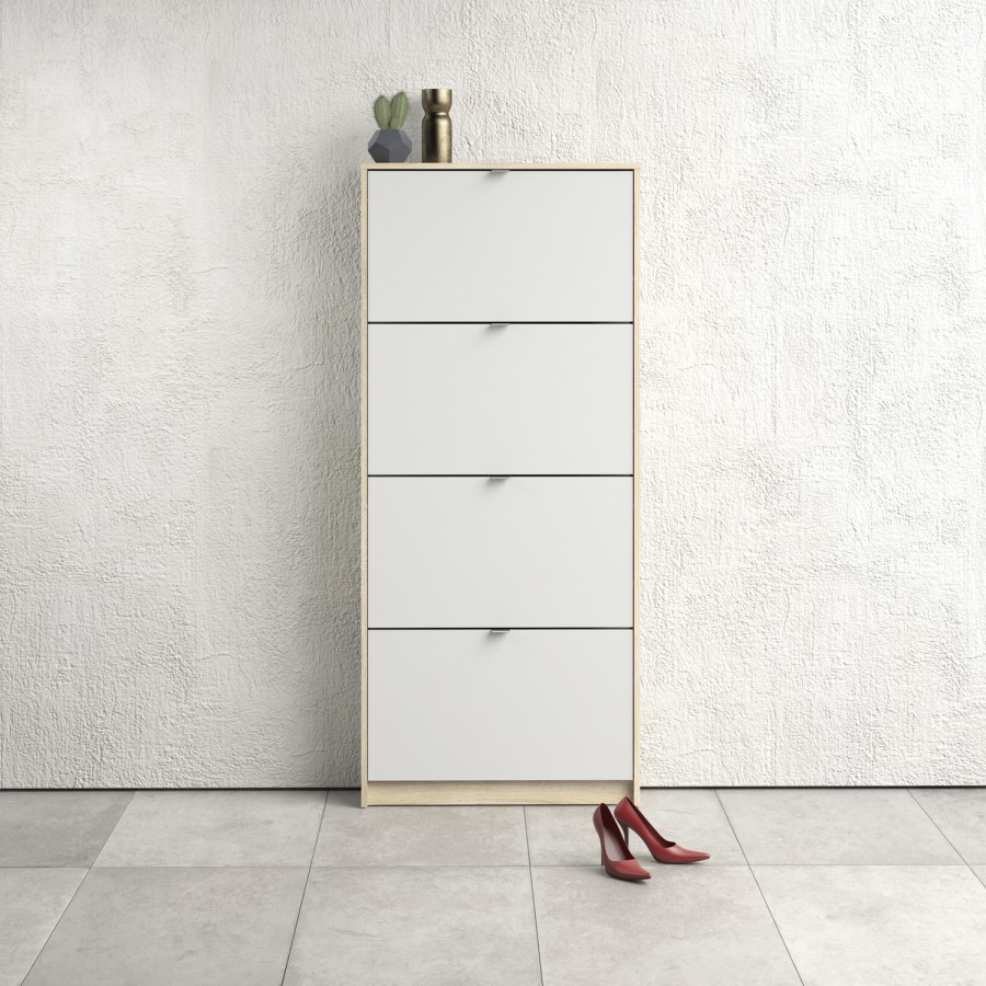 Slim White and Oak Wall Hung Shoe Cabinet with 4 Doors - 12 Pairs