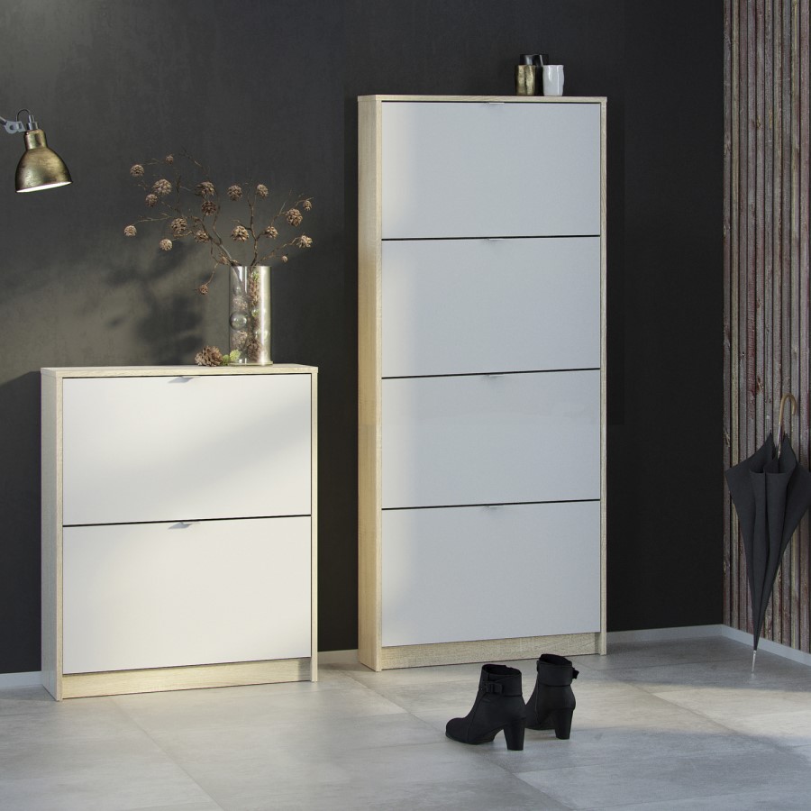 Slim White and Oak Wall Hung Shoe Cabinet with 4 Doors - 12 Pairs