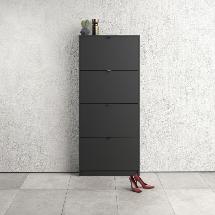 Slim Matte Black Wall Hung Shoe Cabinet with 4 Drawers - 12 Pairs