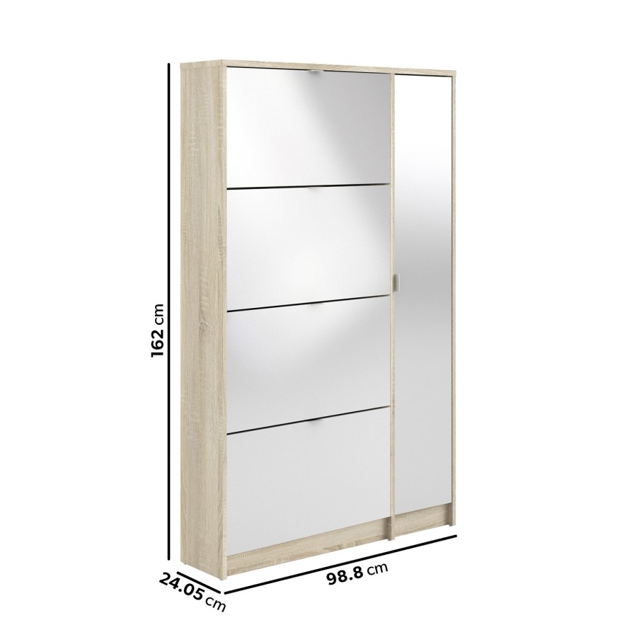 Slim White Shoe Cabinet with 5 Doors & Mirror
