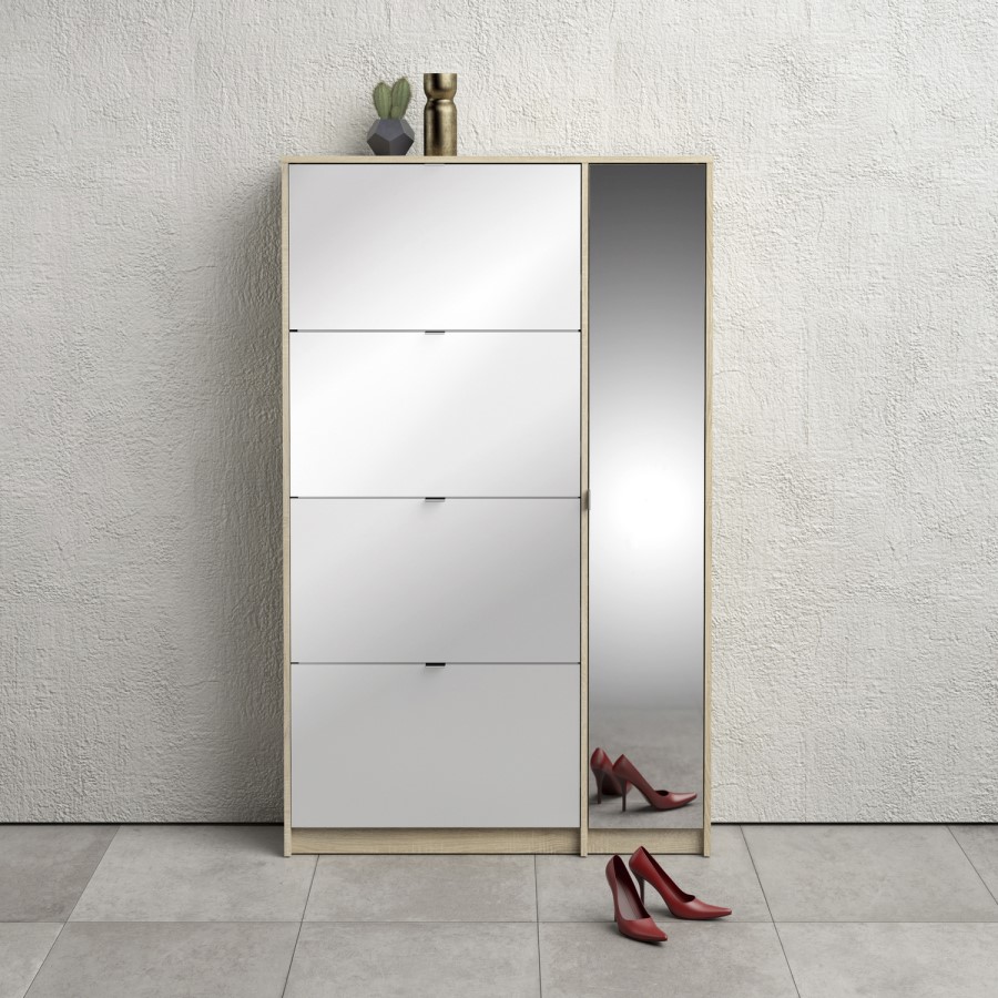Slim White Shoe Cabinet with 5 Doors & Mirror