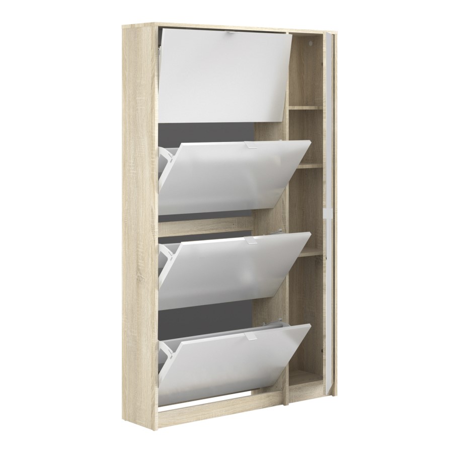 Slim White Shoe Cabinet with 5 Doors & Mirror