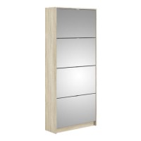 Mirror & Oak Coloured Slim Shoe Cabinet with 4 Drawers - Wall Hung