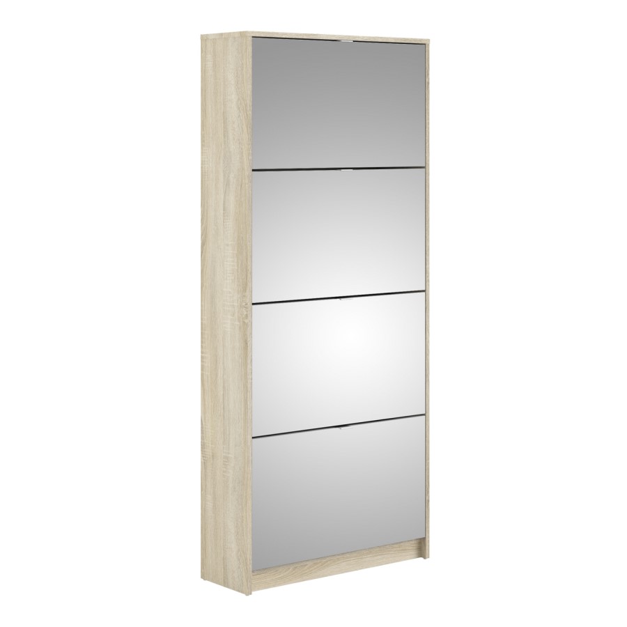 Mirror & Oak Coloured Slim Shoe Cabinet with 4 Drawers - Wall Hung
