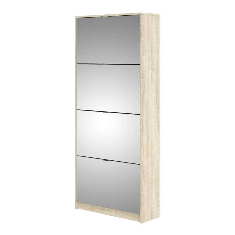 Mirror & Oak Coloured Slim Shoe Cabinet with 4 Drawers - Wall Hung