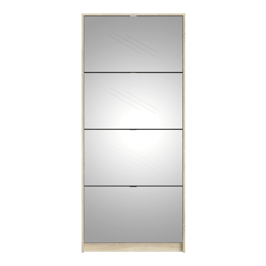 Mirror & Oak Coloured Slim Shoe Cabinet with 4 Drawers - Wall Hung