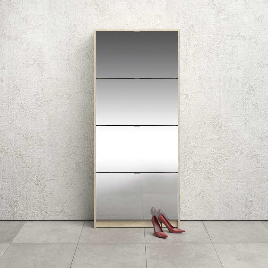 Mirror & Oak Coloured Slim Shoe Cabinet with 4 Drawers - Wall Hung