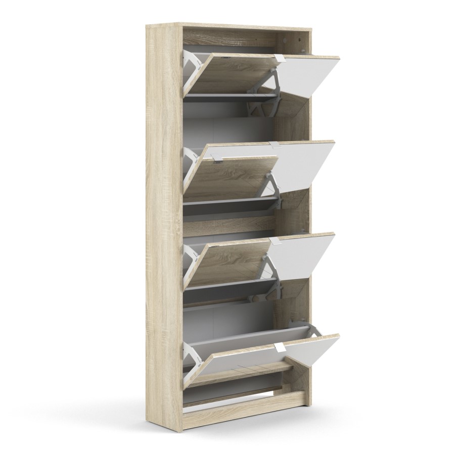 Mirror & Oak Coloured Slim Shoe Cabinet with 4 Drawers - Wall Hung