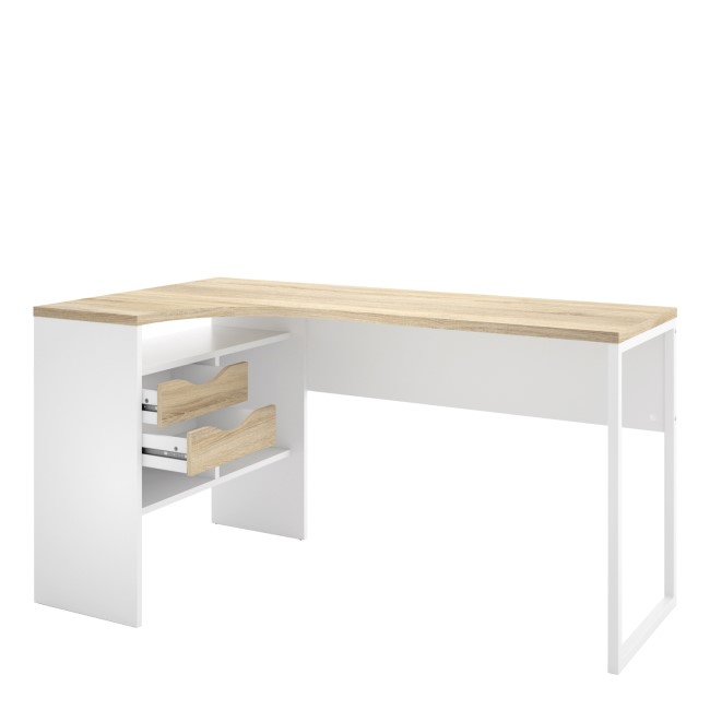 Corner Desk in White & Oak with 2 Drawers - Function