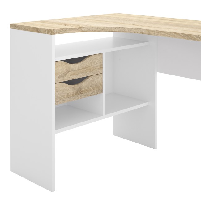 Corner Desk in White & Oak with 2 Drawers - Function