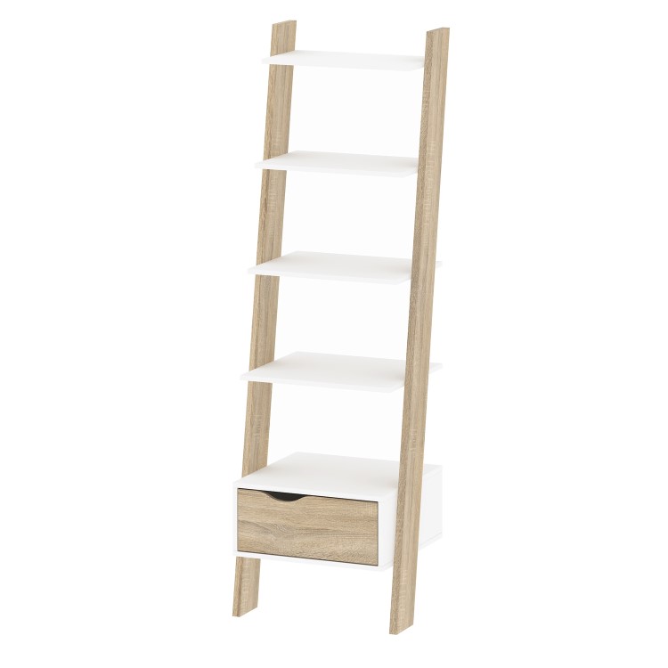 White and Oak Ladder Bookcase with Drawer - Olso