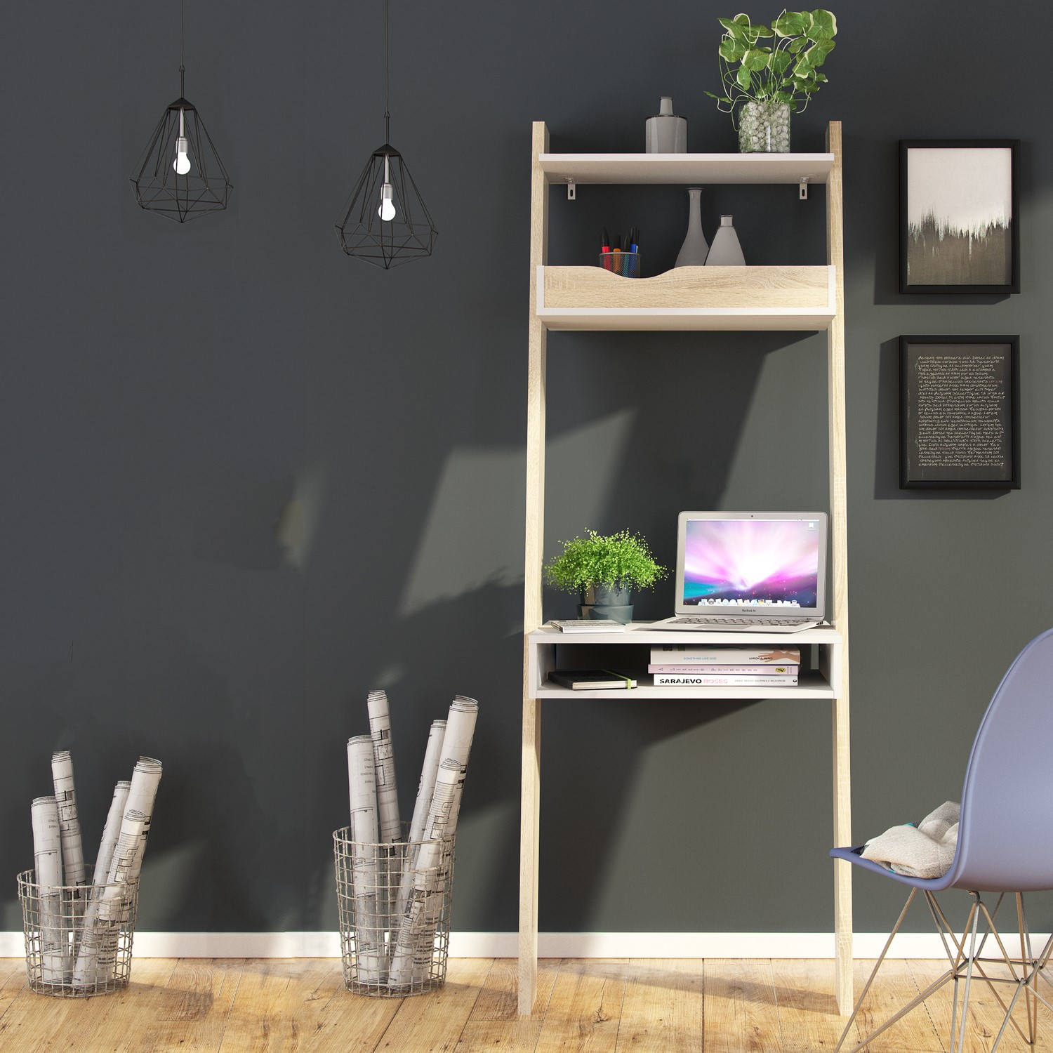 Lean Rig Desk Oslo Leaning Desk in White and Oak - Furniture123