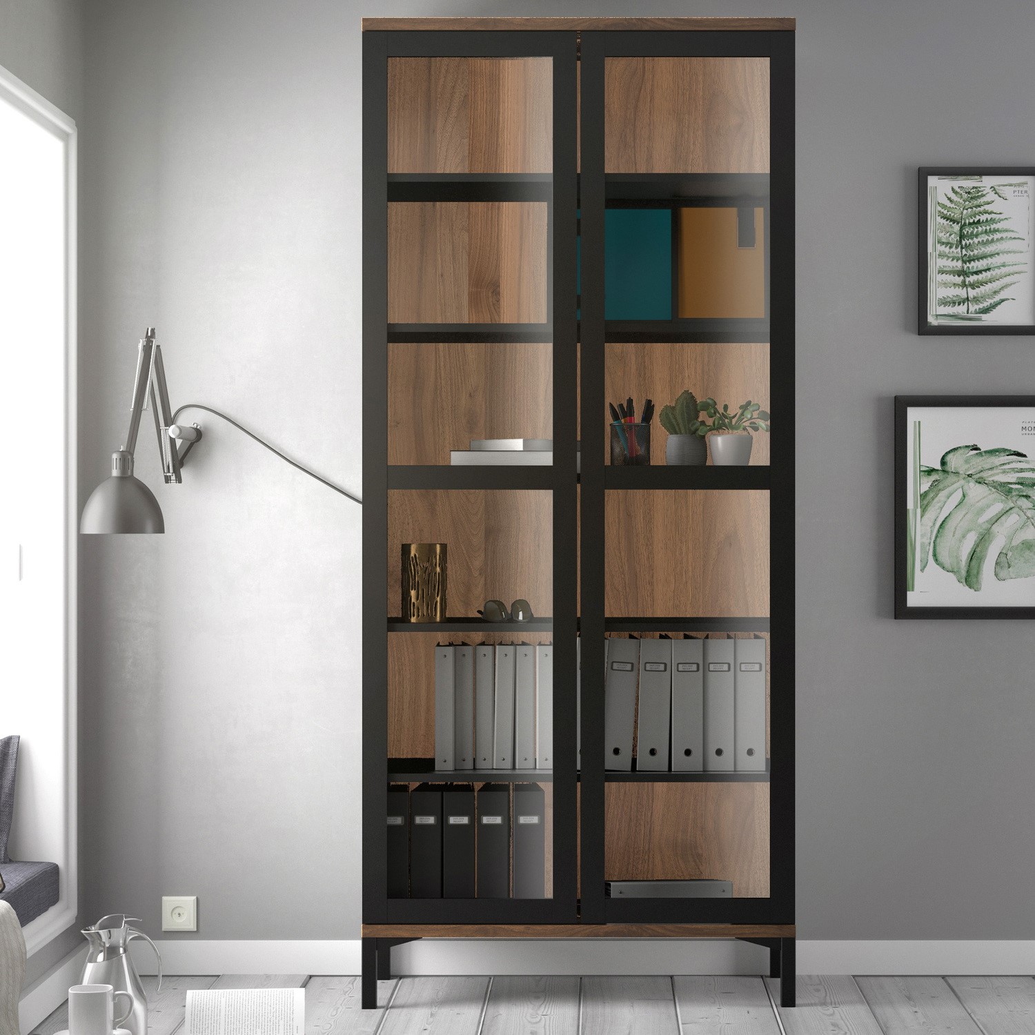 Photo of Tall black and walnut display cabinet with glass doors - roomers