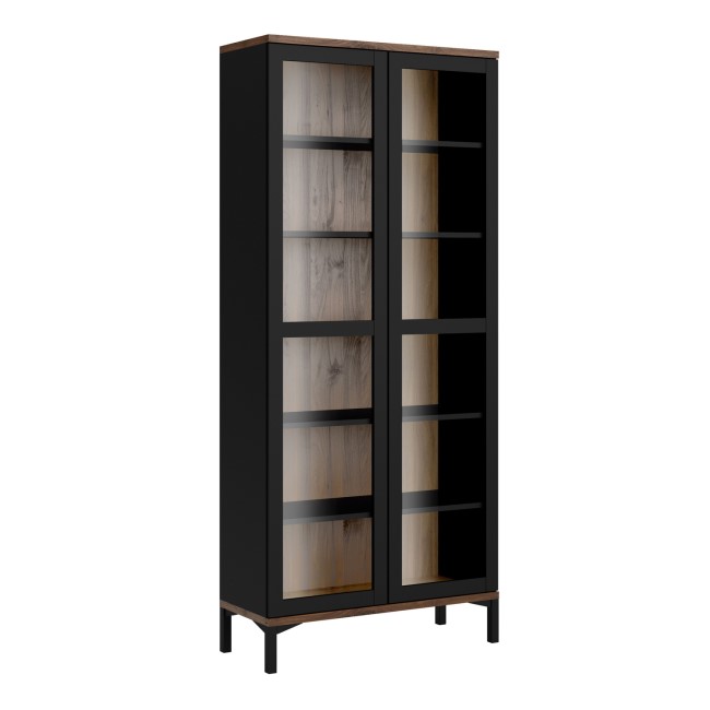 Tall Black and Walnut Display Cabinet with Glass Doors - Roomers