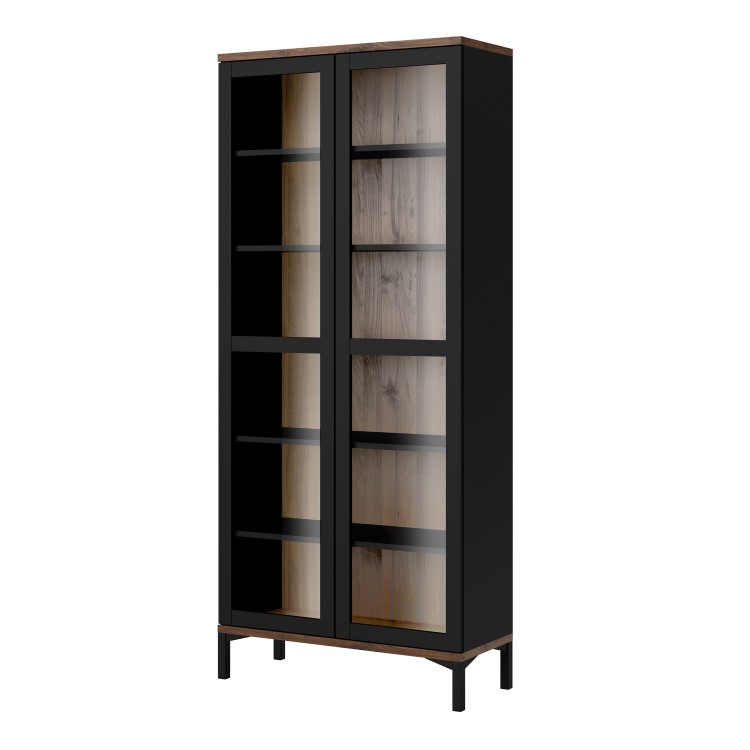 Tall Black and Walnut Display Cabinet with Glass Doors - Roomers