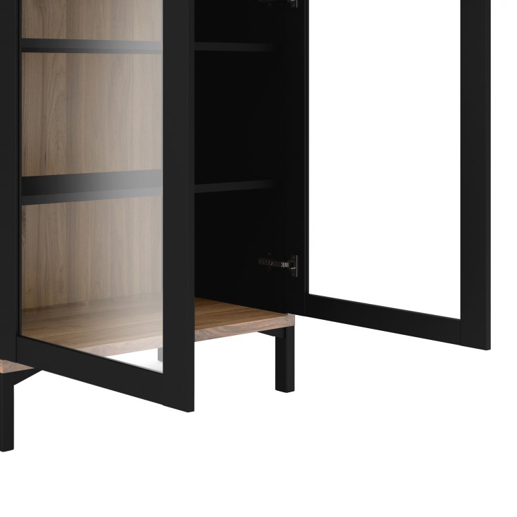 Tall Black and Walnut Display Cabinet with Glass Doors - Roomers