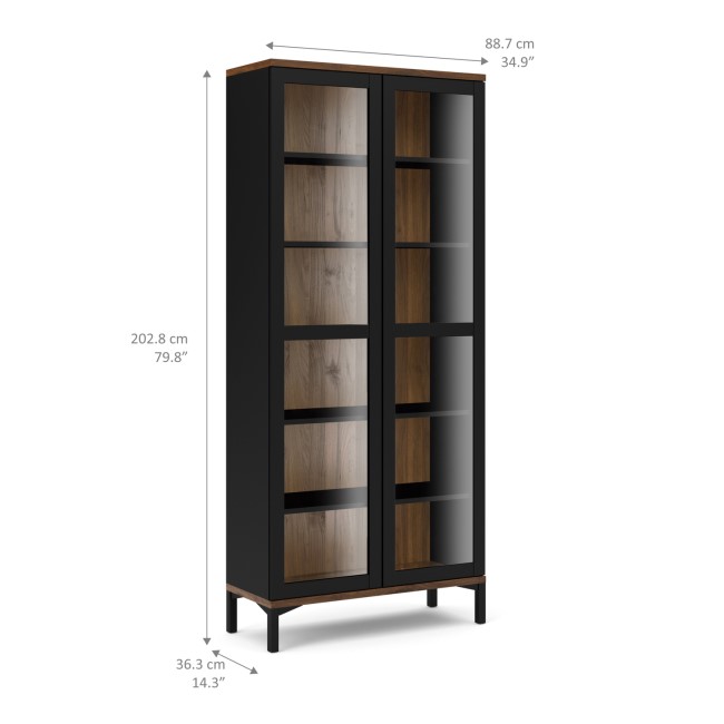 Tall Black and Walnut Display Cabinet with Glass Doors - Roomers