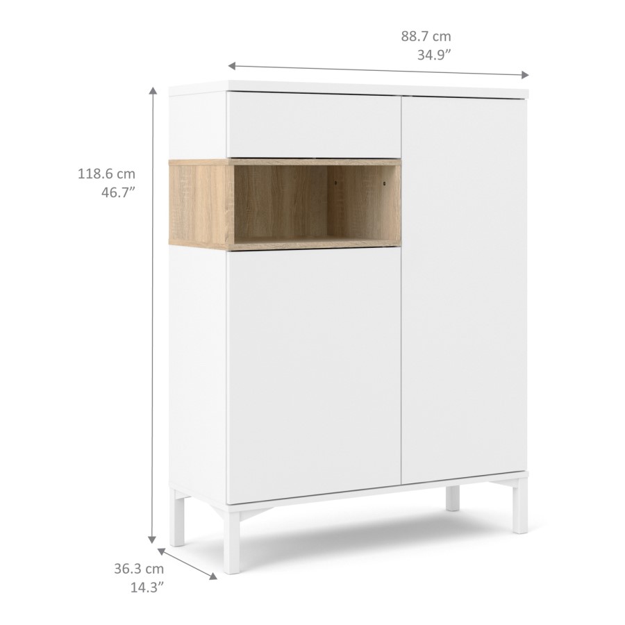 Tall White Sideboard with Oak Shelf - Roomers