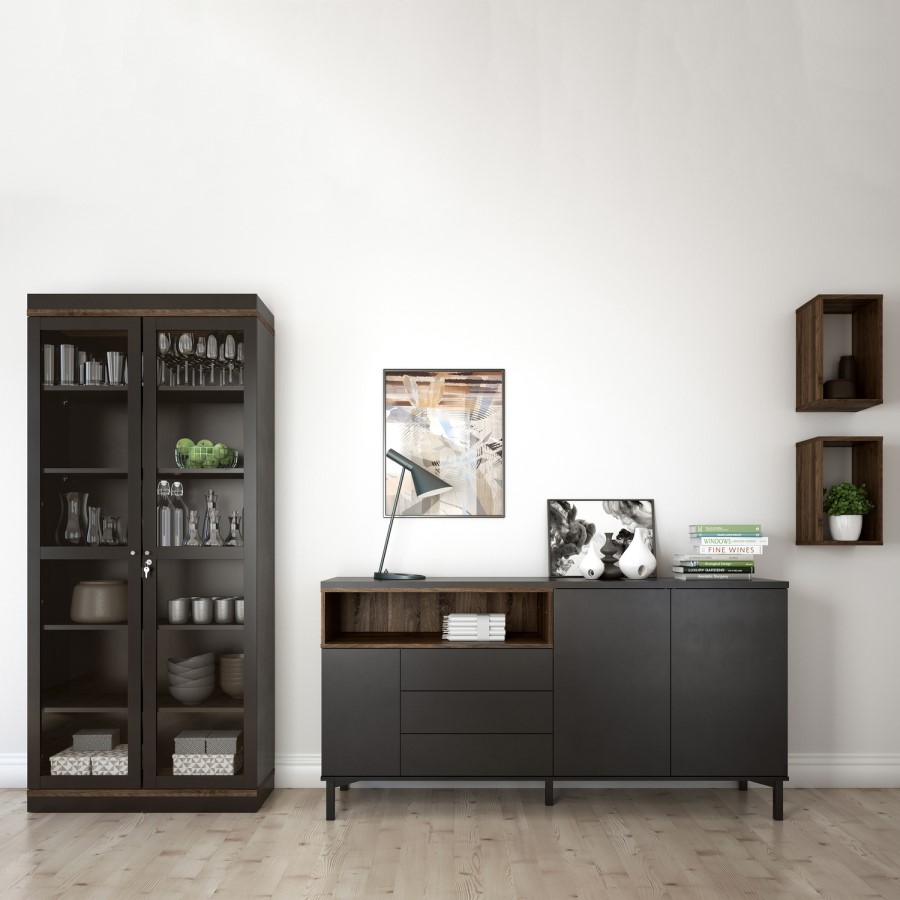 Roomers Sideboard 3 Drawers 3 Doors in Black and Walnut