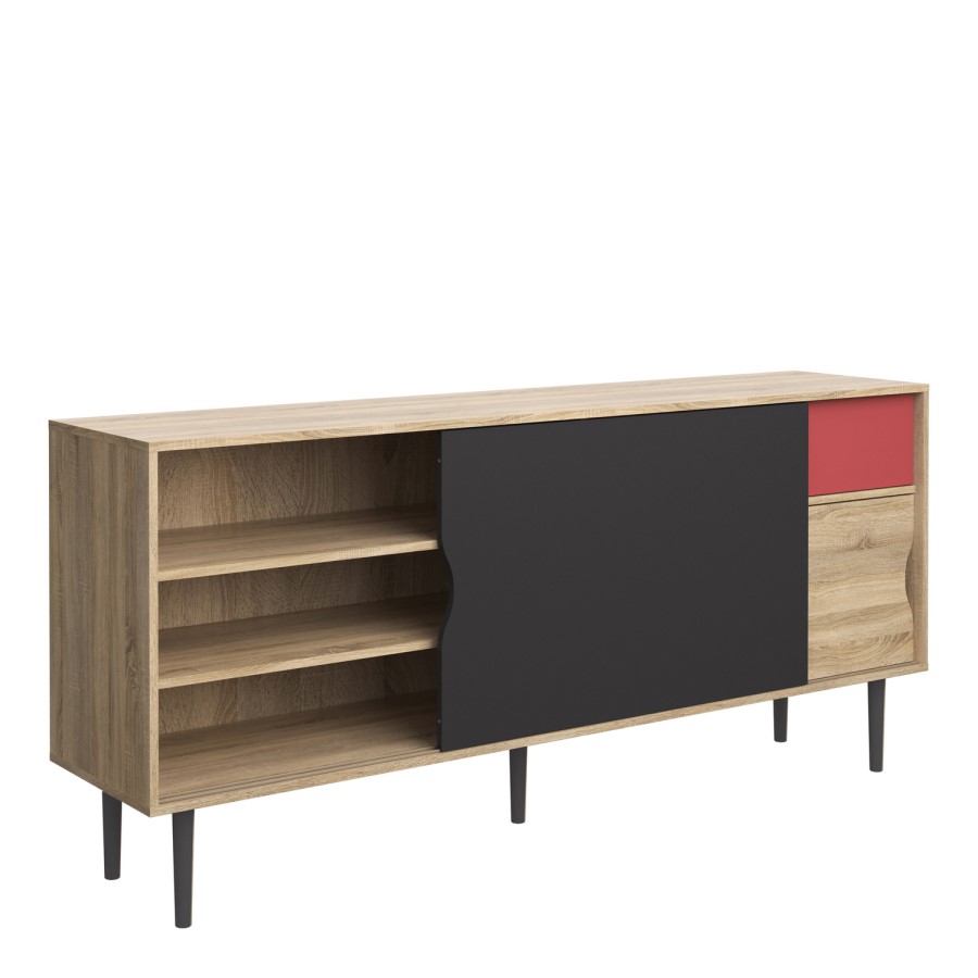 Unit Sideboard 1 Drawer w/ Sliding Doors in Oak with Dark Grey and Teracotta