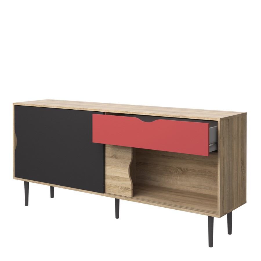 Unit Sideboard 1 Drawer w/ Sliding Doors in Oak with Dark Grey and Teracotta